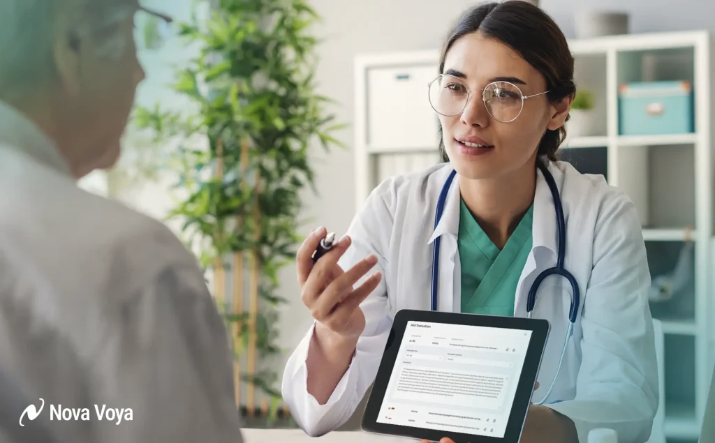 Doctor communicating with an international patient using a translation app on a tablet to overcome language barriers in healthcare.