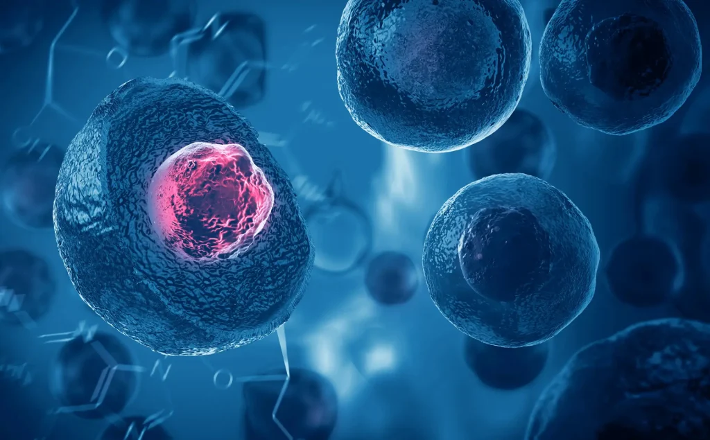 Luminous stem cells in a modern, clinical setting, symbolizing hope and regenerative healing in advanced medicine.