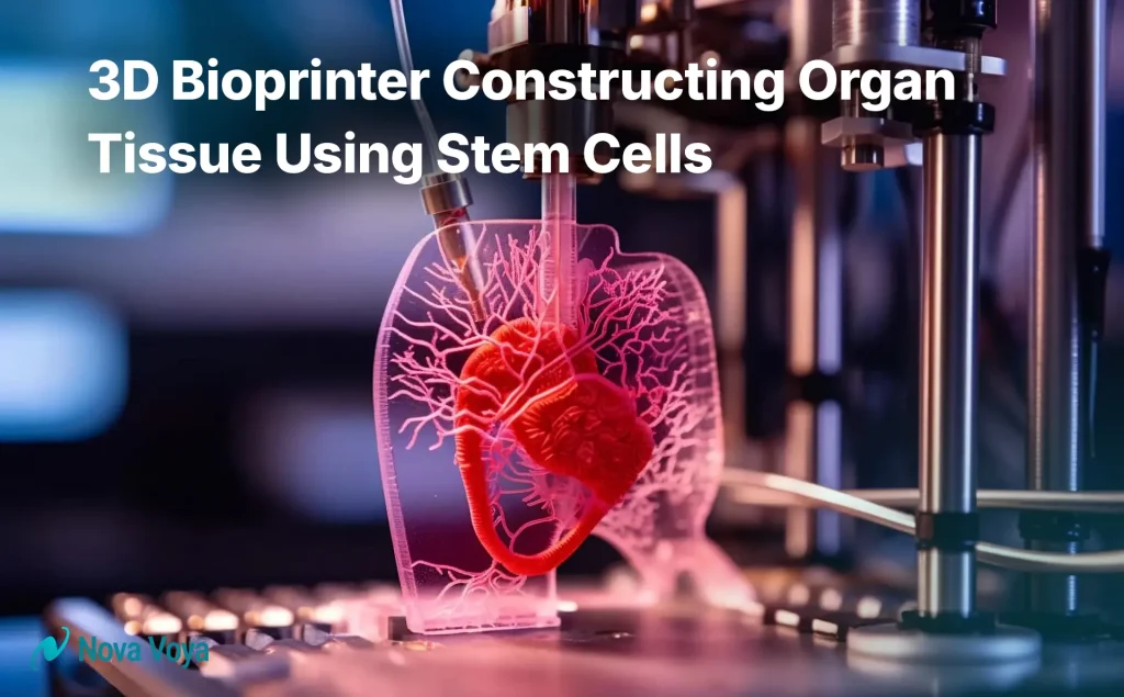 Concept image of a 3D bioprinter constructing organ tissue using stem cells for future regenerative medicine applications.