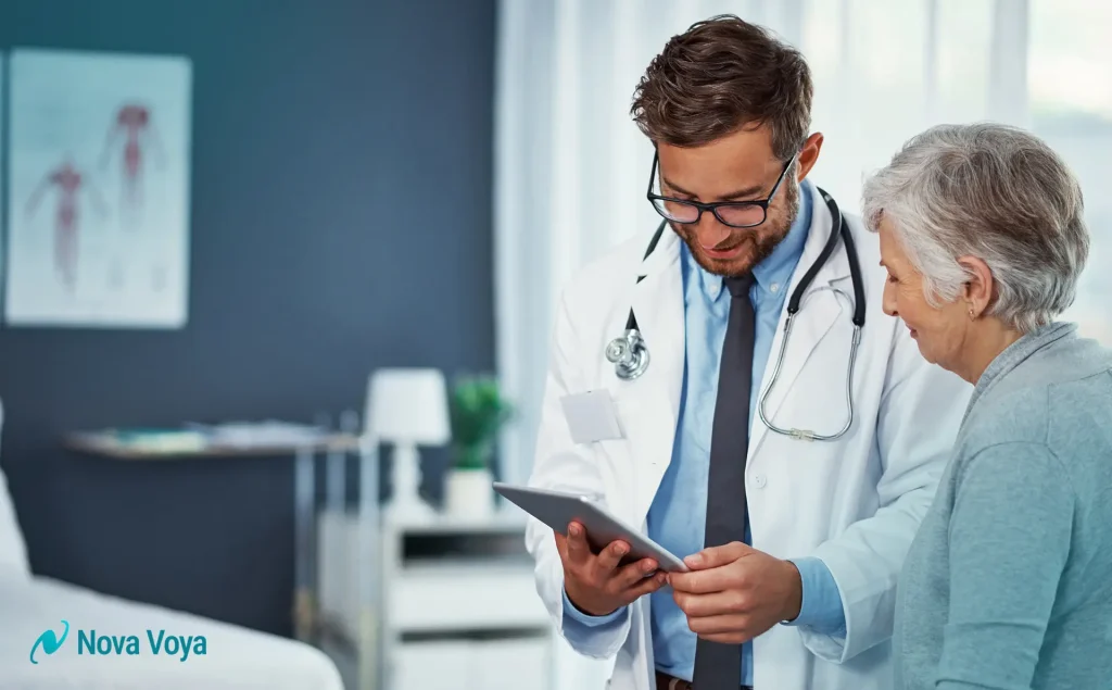 A compassionate doctor discusses stem cell therapy options with a patient, emphasizing informed decision-making and clear communication.