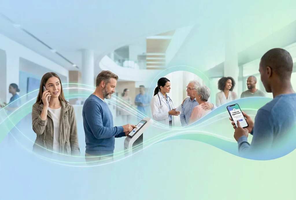 Visual representation of the seamless patient journey from initial contact to post-care follow-up, highlighting digital and human interaction points.