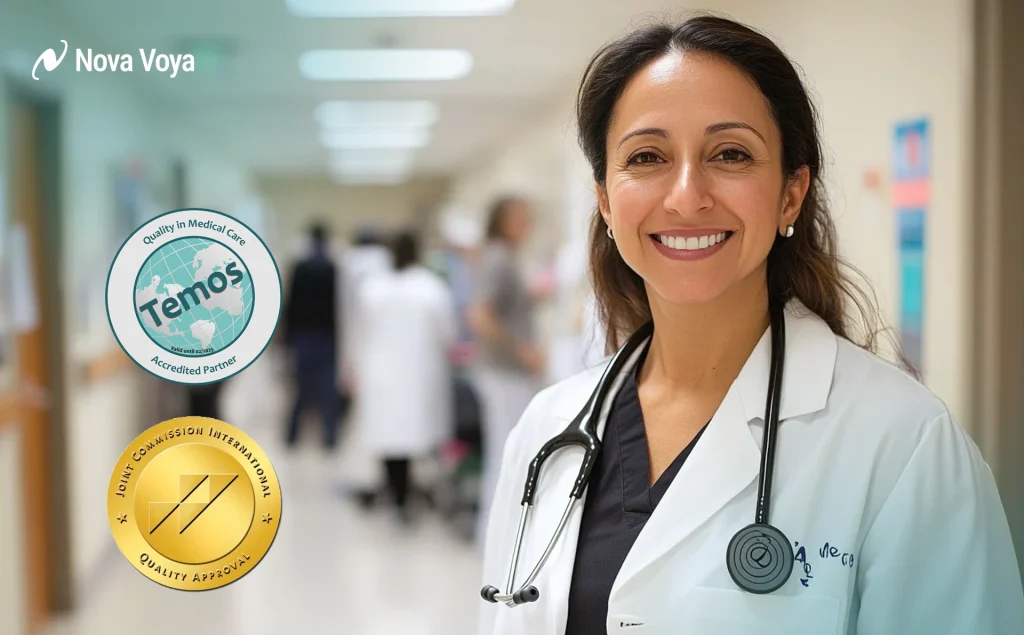 Digital collage showcasing trusted medical credentials, including JCI logos, a smiling surgeon profile, and a play button for a video testimonial.