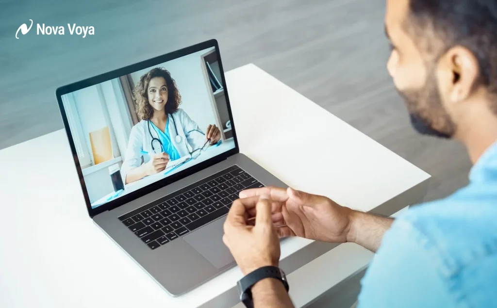 Split-screen view illustrating telemedicine, showing a patient coordinator and a doctor communicating with an international patient in a secure virtual consultation.