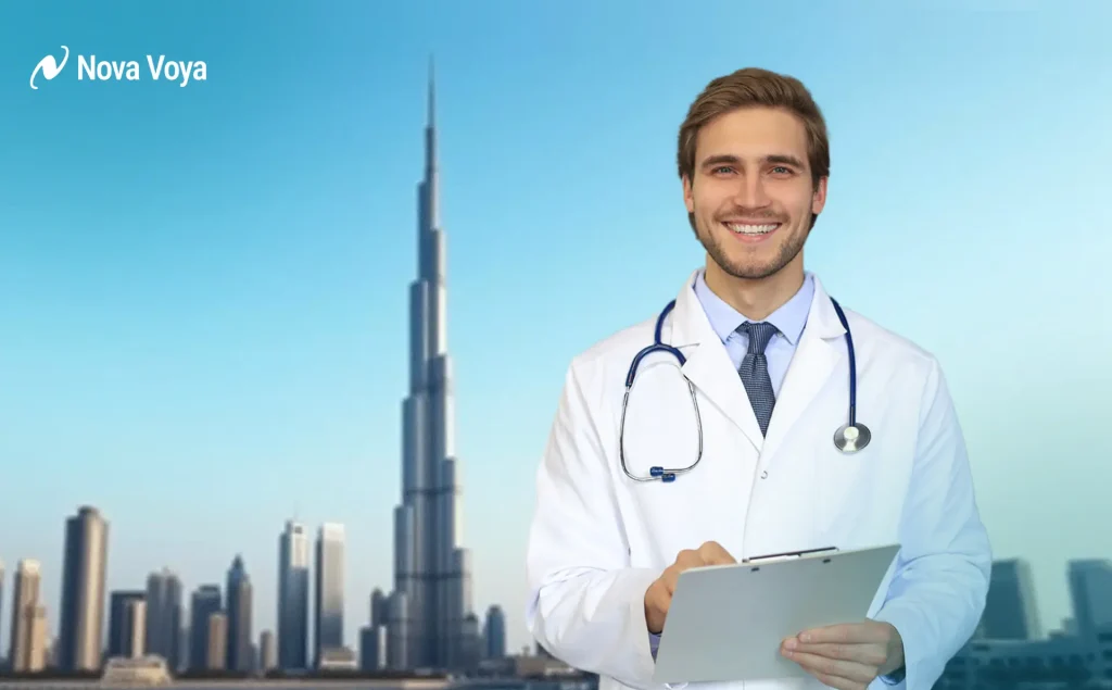 A healthcare professional smiling with the Dubai skyline in the background, representing a medical career in the UAE.