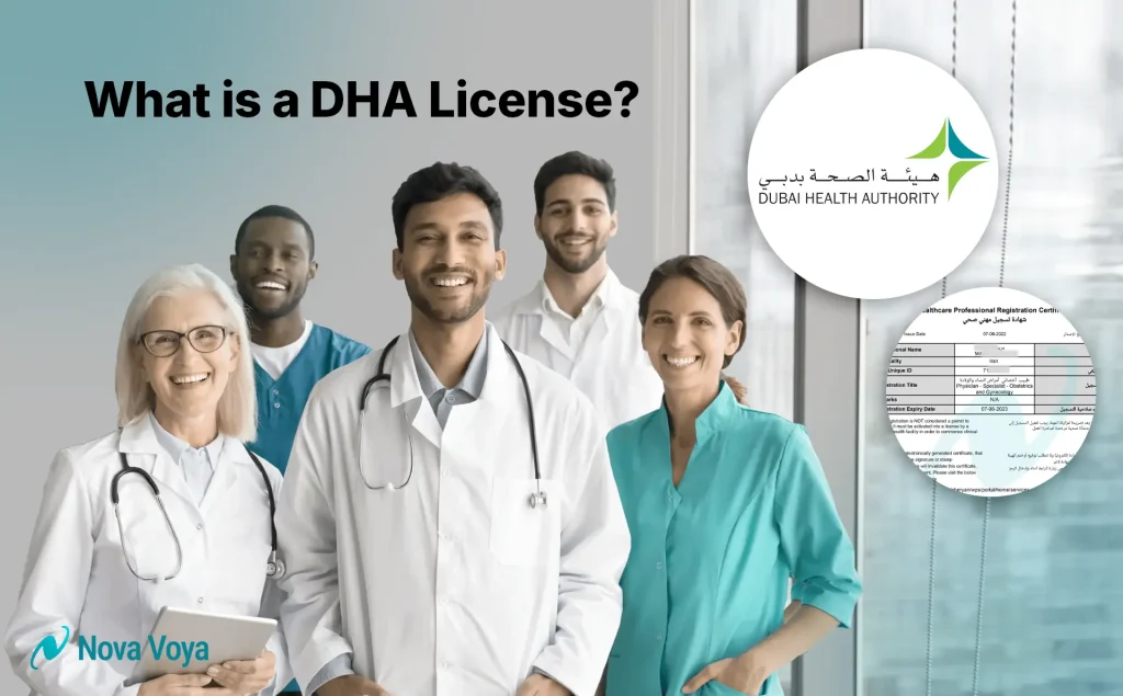 Illustration showing the Dubai Health Authority logo and various healthcare professionals who require a license.