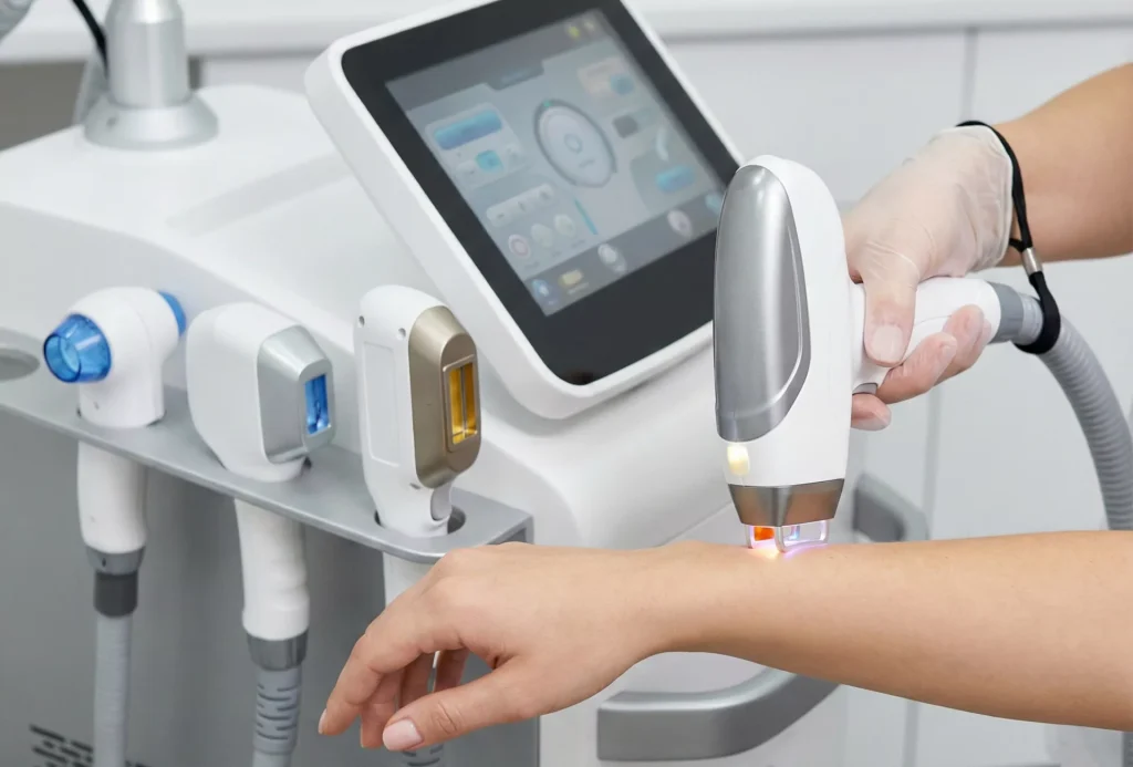 Close-up of modern laser hair removal equipment showing different handpieces for various wavelengths.
