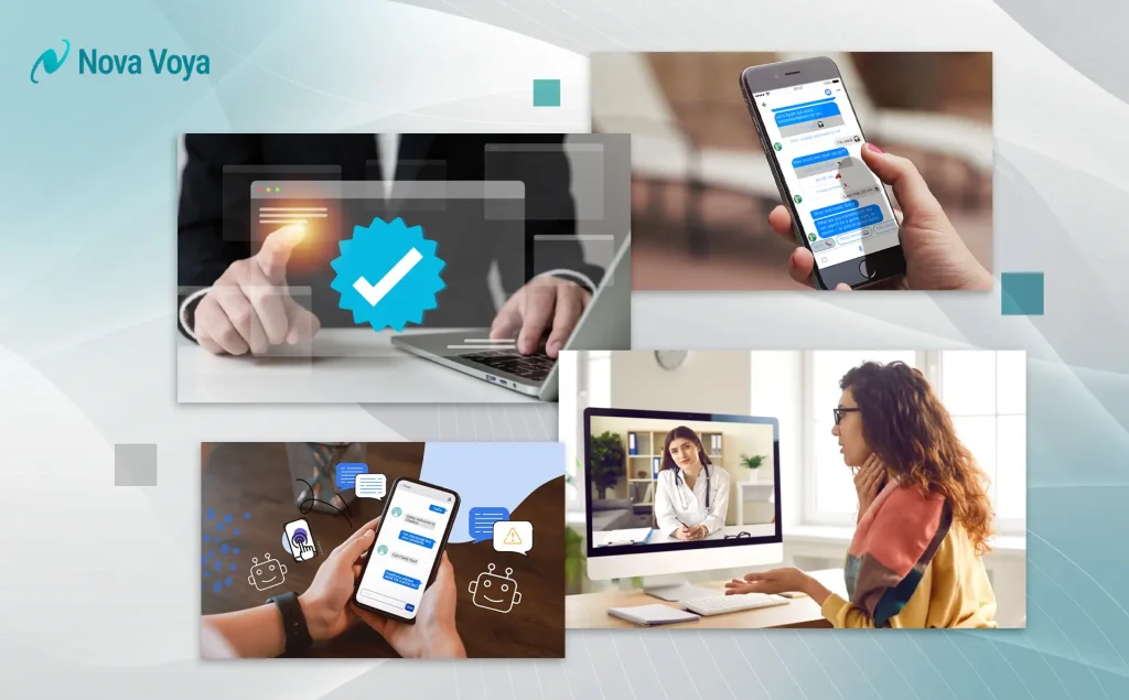 Visuals of a patient using multiple responsive communication channels like chatbots, telehealth, and secure messaging for healthcare inquiries.