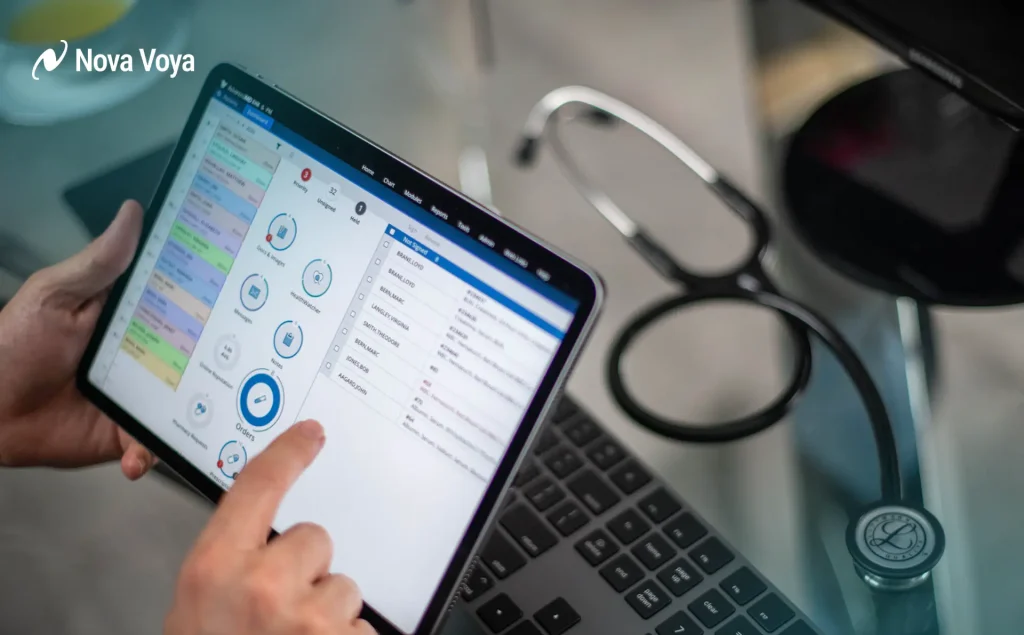 Patient using a mobile device for simplified online appointment booking and digital check-in at a modern clinic.
