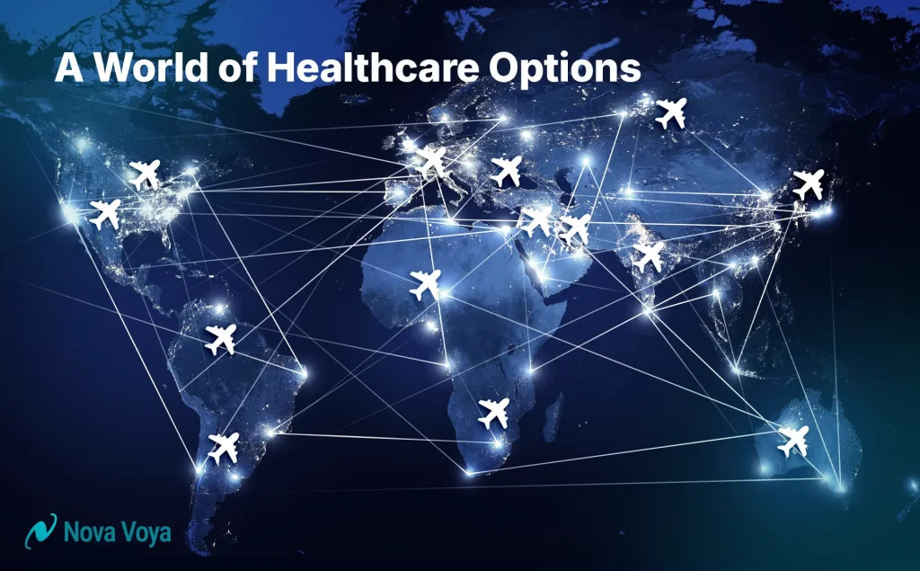 Illustration of a global medical tourism network connecting patients to international healthcare destinations.