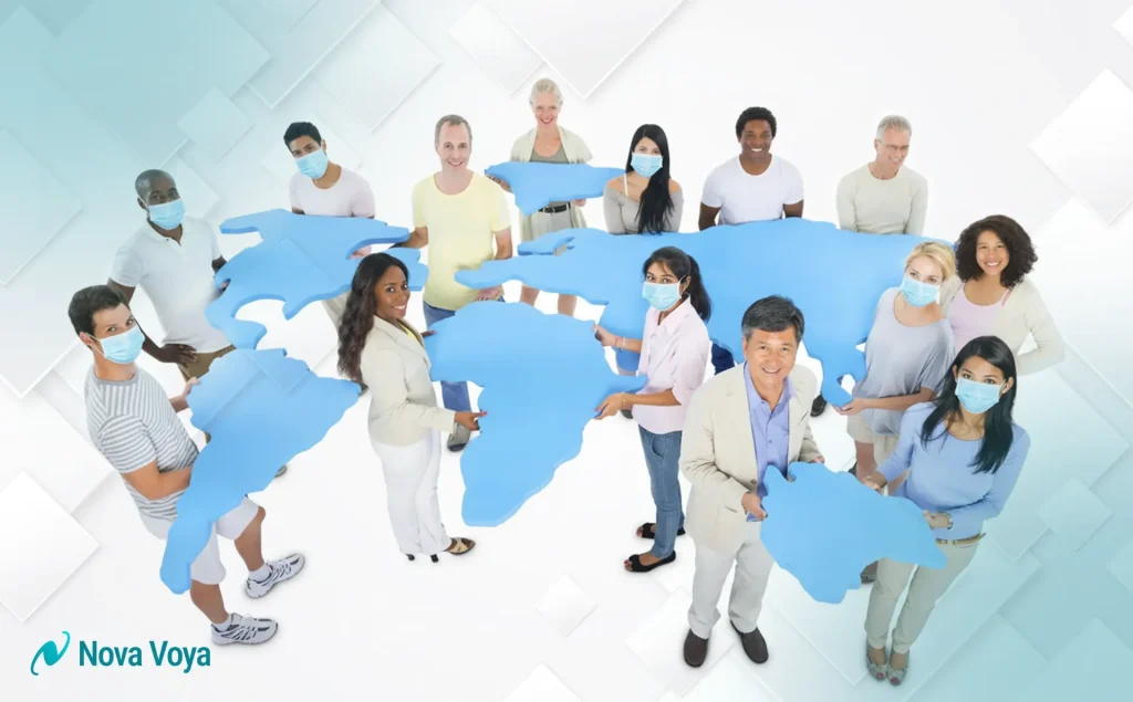 Patients accessing a global healthcare market online.