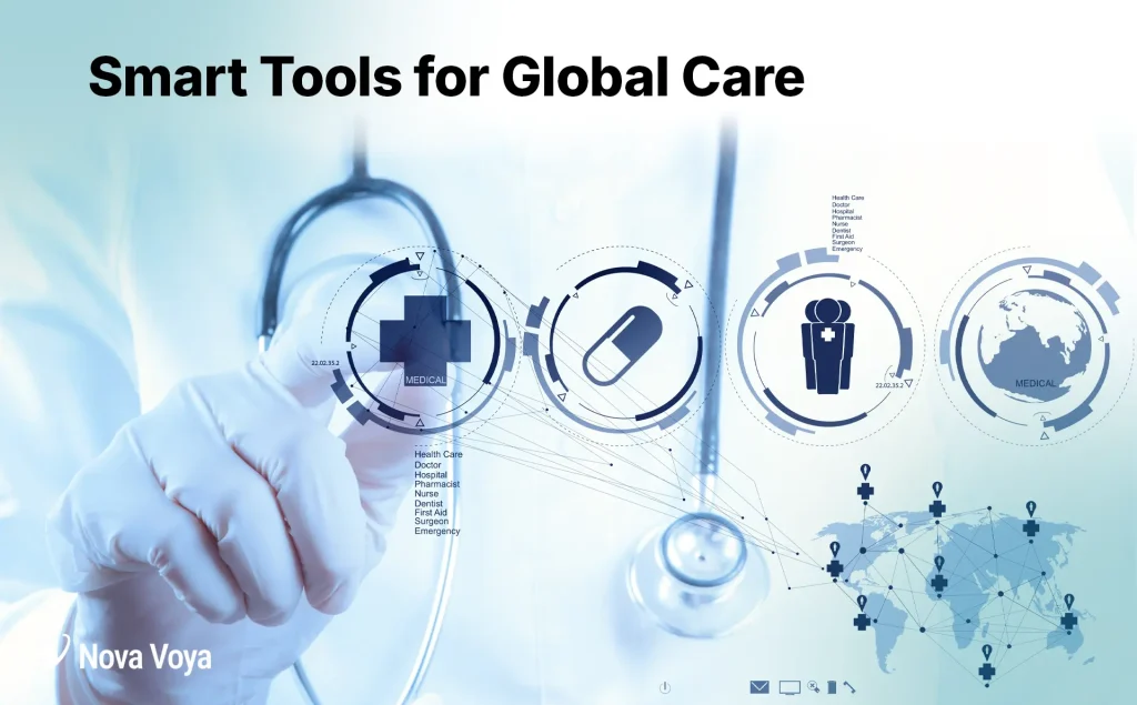 Medical professionals using multilingual telemedicine for remote consultation with an international patient.