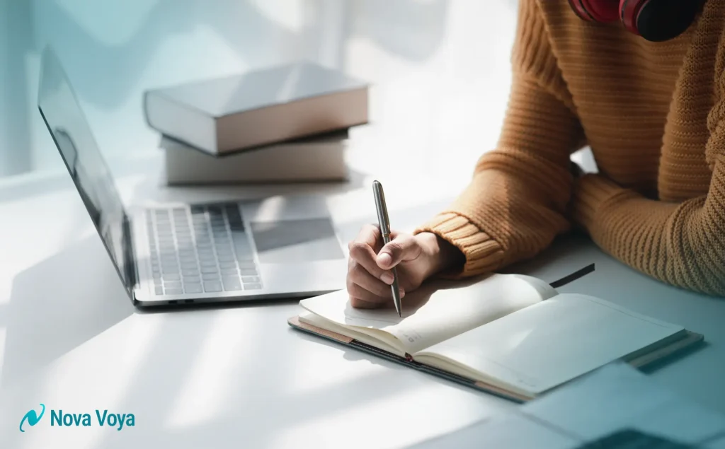 International patient studying a phrasebook and local customs to prepare for cross-border medical travel.