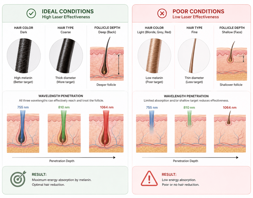 Laser effectiveness: ideal vs poor conditions