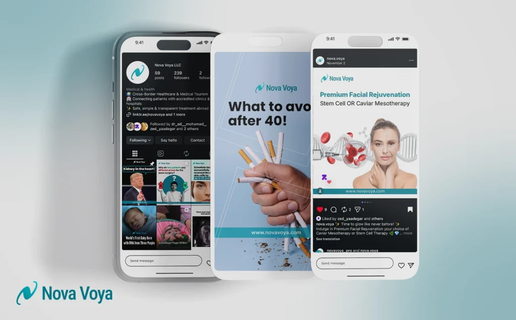 A smartphone showing a clinic's Instagram feed with engaging content for medical tourism