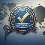 Global accreditation seal layered over a world map, symbolizing international healthcare quality, patient safety, and trust. Why Healthcare Accreditations Matter