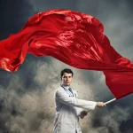 A determined male doctor in a white coat and stethoscope firmly holds a massive, billowing satin red flag against a dark, turbulent stormy sky background with swirling dust.