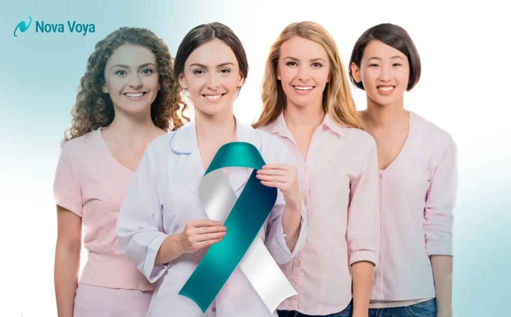 Cervical cancer awareness concept featuring a teal ribbon and diverse women representing hope and prevention.