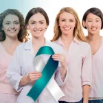 Cervical cancer awareness concept featuring a teal ribbon and diverse women representing hope and prevention.