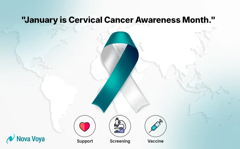  Teal and white ribbon symbolizing Cervical Cancer Awareness Month in January.