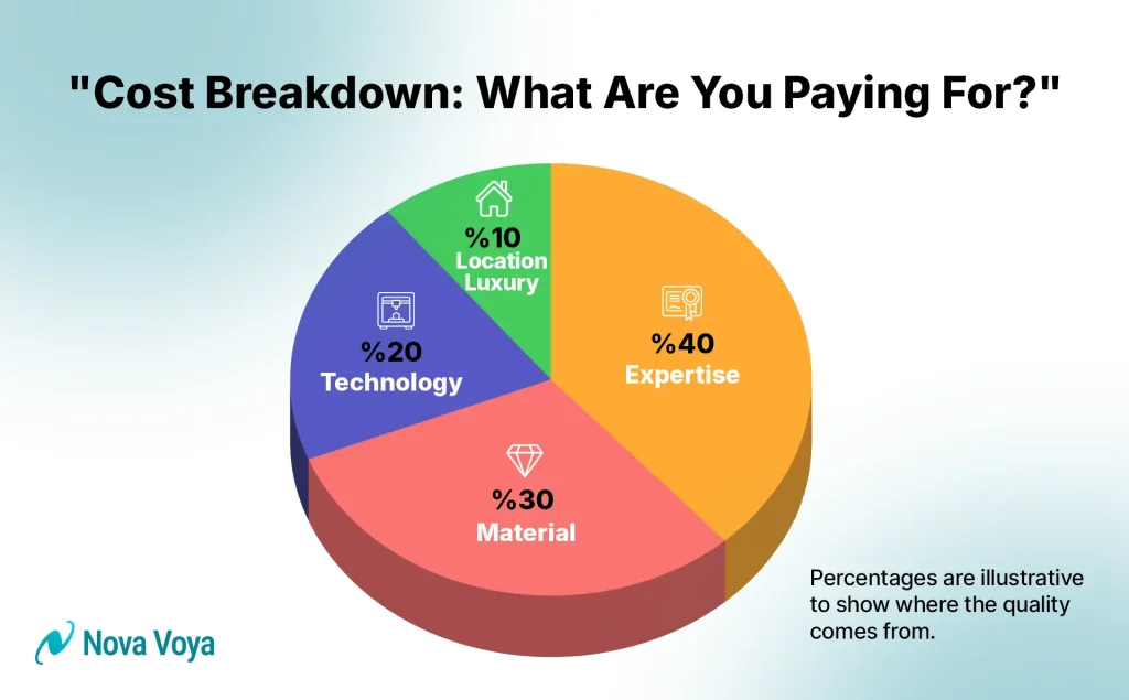A pie chart or simple icon list explaining value and cost of veneers in dubai