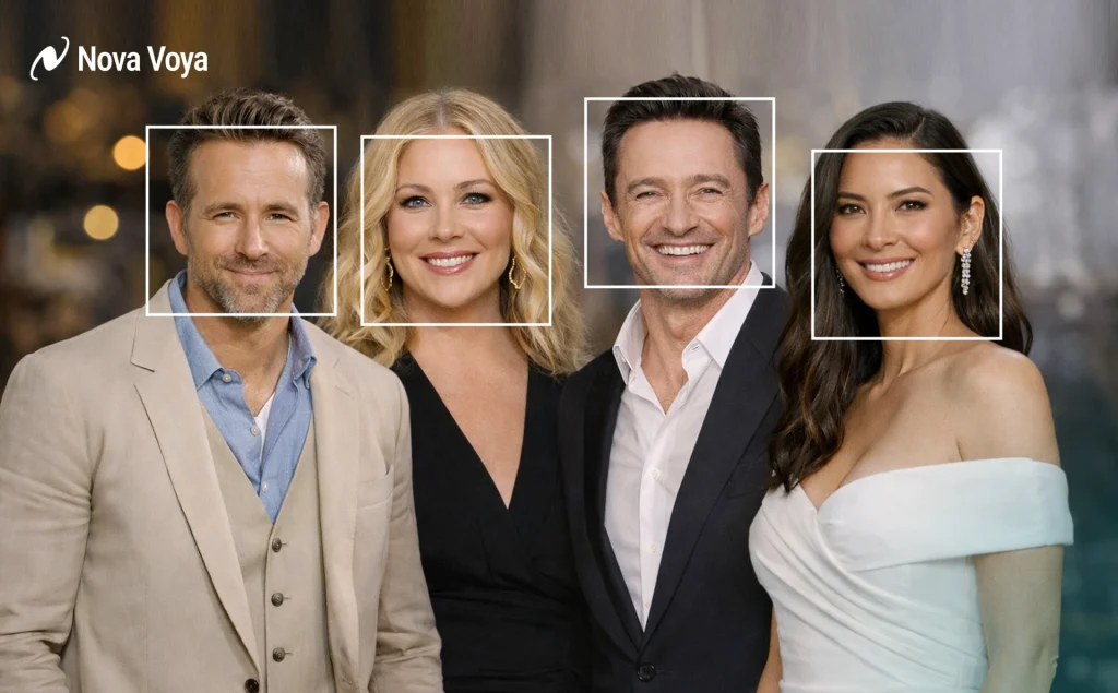 Collage of cancer survivors Ryan Reynolds, Christina Applegate, Hugh Jackman, and Olivia Munn smiling on the red carpet.