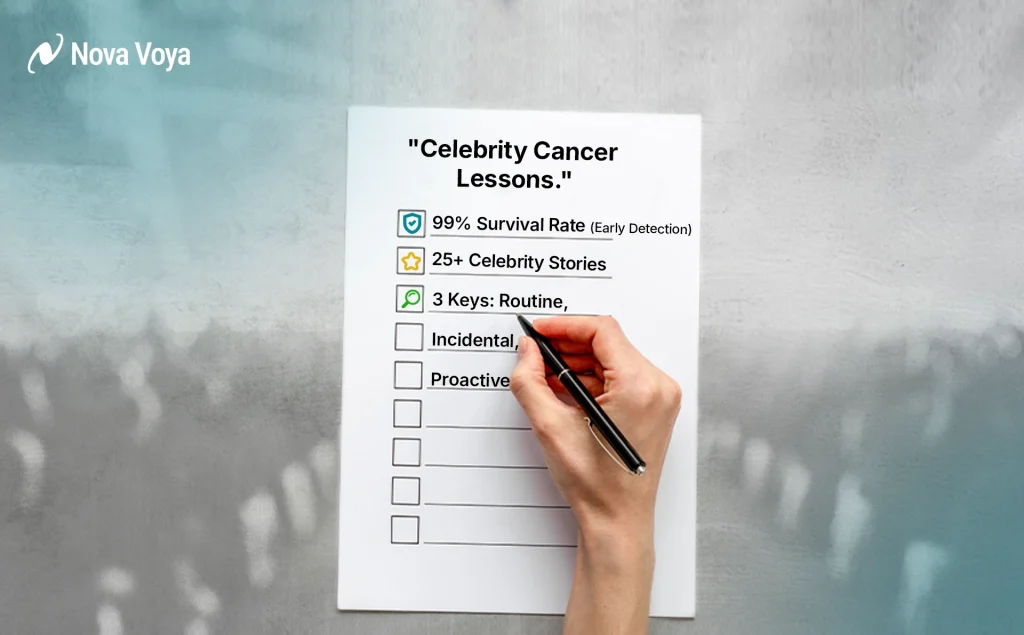 : Infographic summarizing key lessons from celebrity cancer survivors about early detection and survival rates.