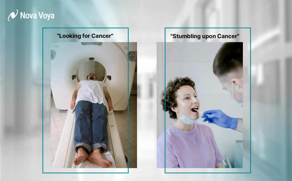 Illustration comparing routine cancer screening versus incidental findings during unrelated medical visits.