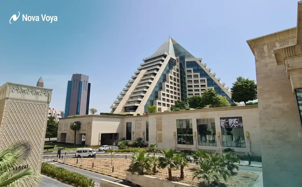 View of Wafi Mall and Dubai Healthcare City from a nearby hotel room.