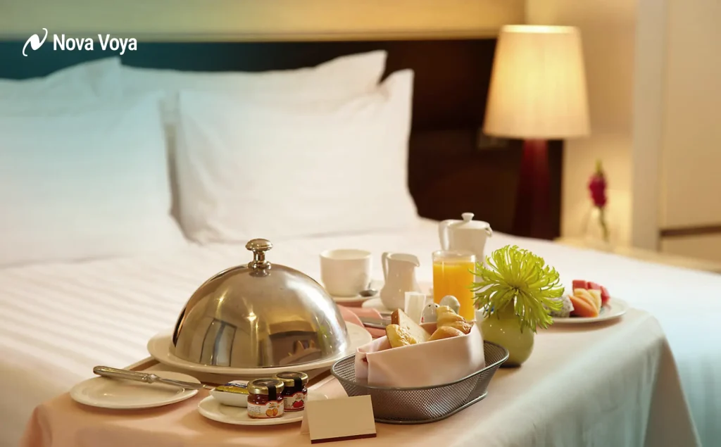 Room service delivery in a luxury hotel suite for patient recovery.