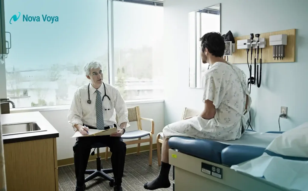 Doctor consulting with patient in Dubai private hospital.