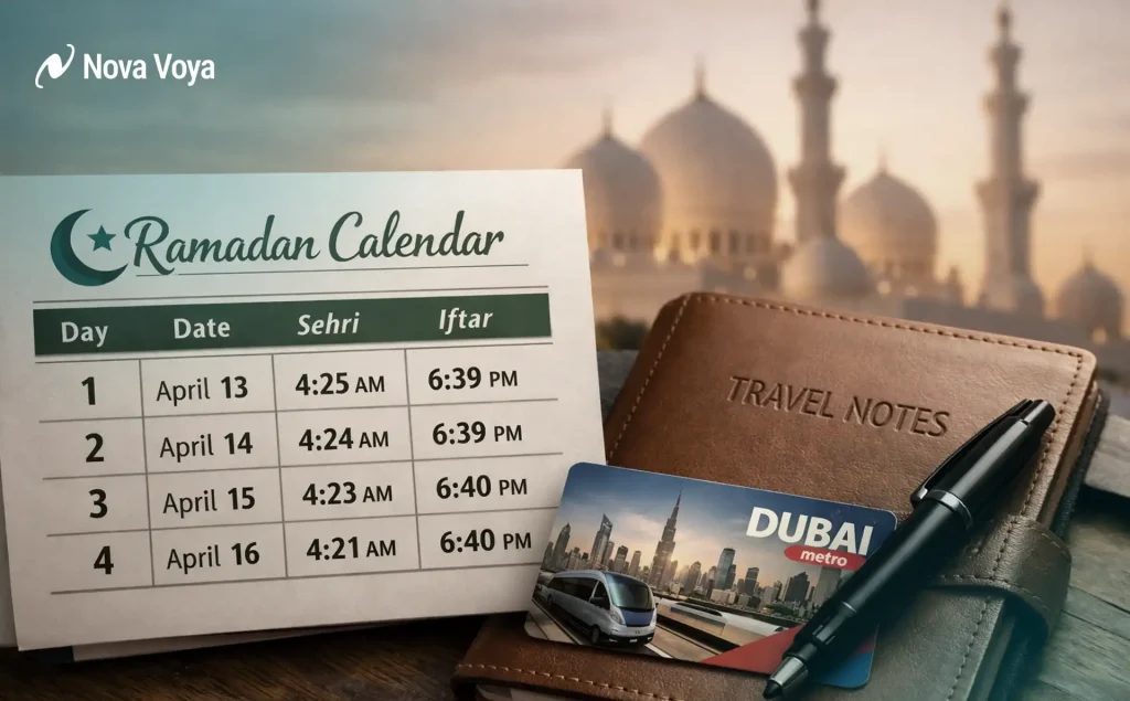 Visiting Dubai during Ramadan planning calendar with changing dates and Dubai skyline.