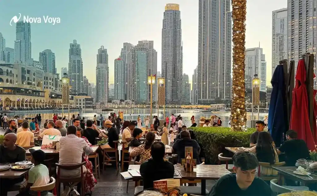 Dubai Ramadan travel safety—tourist practicing awareness in evening crowds.