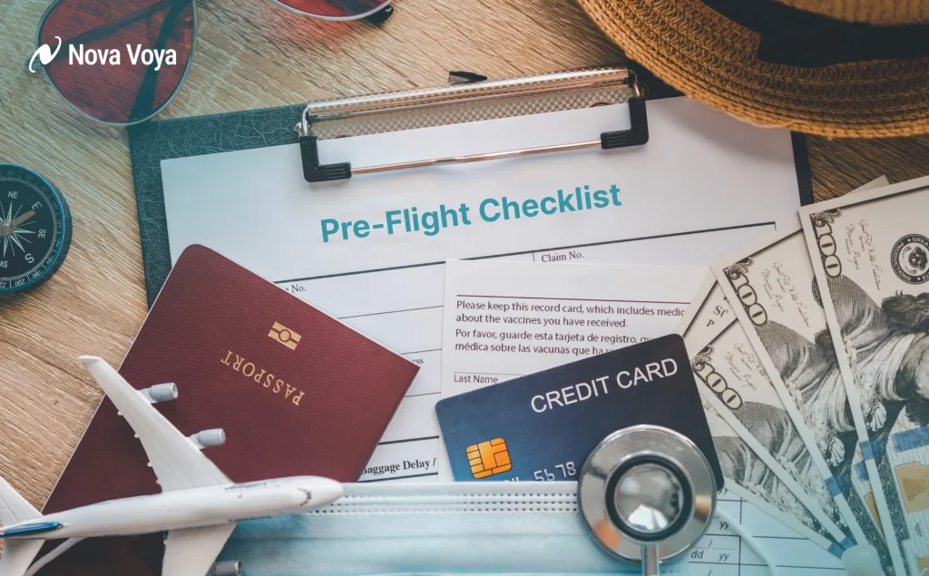 Visual checklist of essential documents and health items needed before flying for UAE Medical Travel.