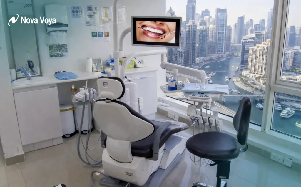  Advanced technology at a top rated veneers Dubai clinic overlooking the city skyline.