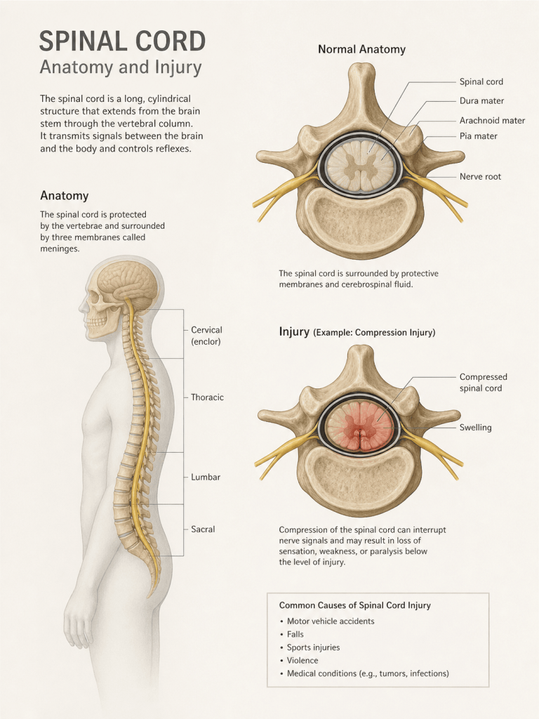 Realistic medical illustration of spinal cord anatomy showing vertebrae structure and spinal cord injury compression with labeled human body diagram