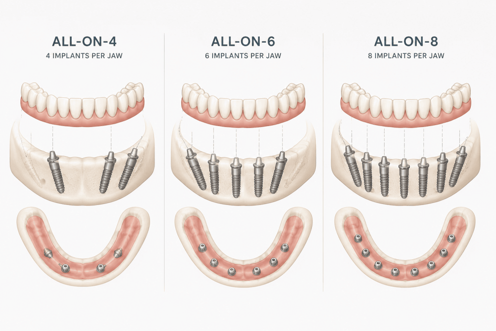 Medical illustration comparing All-on-4, All-on-6, and All-on-8 dental implants in the lower jaw