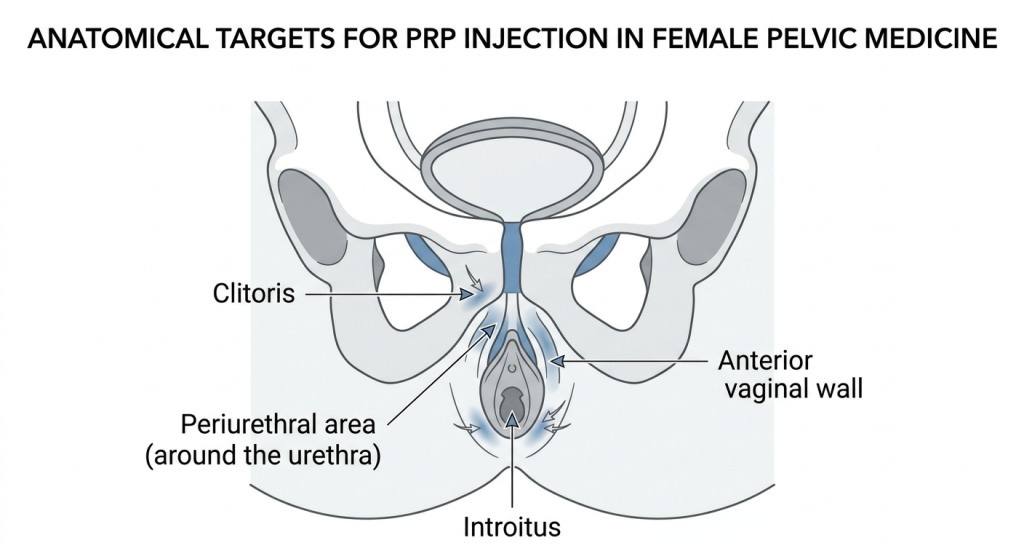 Anatomical diagram of PRP injection targets in female pelvic medicine: Clitoris, Anterior vaginal wall, Introitus, and Periurethral area.