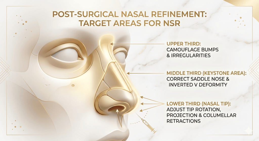 Anatomy diagram illustrating the specific target zones on a human nose for non-surgical rhinoplasty (NSR) revision after surgery, highlighting the upper, middle (keystone area), and lower thirds.